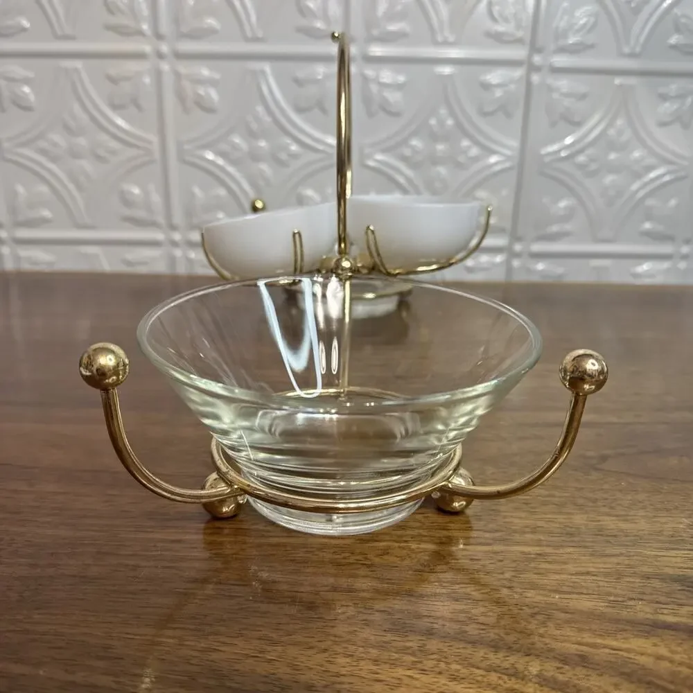 Vintage Libbey MCM Glass Gold Relish Condiment 4 Bowl Set Metal Gold tone Caddy